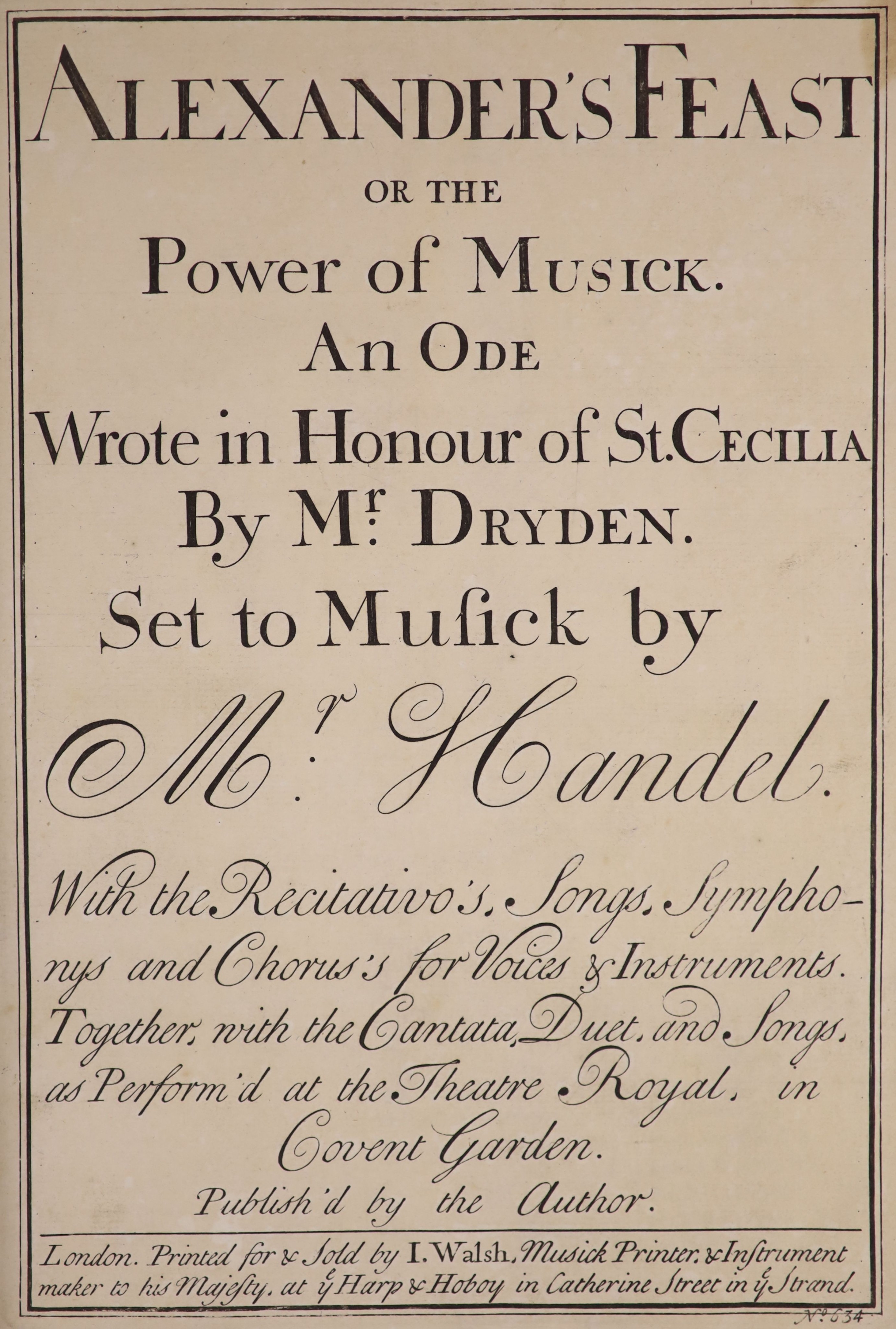 Dryden, John. and Handel, George Frideric - Alexander’s Feast or the Power of Musick (sic). An Ode wrote in Honour of St.Cecilia…Set to Musick by Mr. Handel… Contemporary half calf and old marble boards with panelled spi